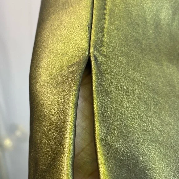 Linda Allard Ellen Tracy Metallic Green Gold Leather Jacket - Picture 6 of 10